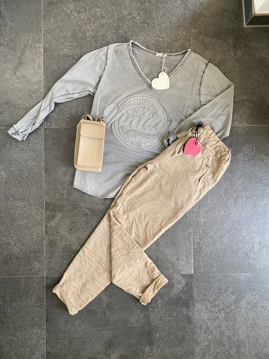 Vintage Langarm Shirt Longsleeve Pullover Grau